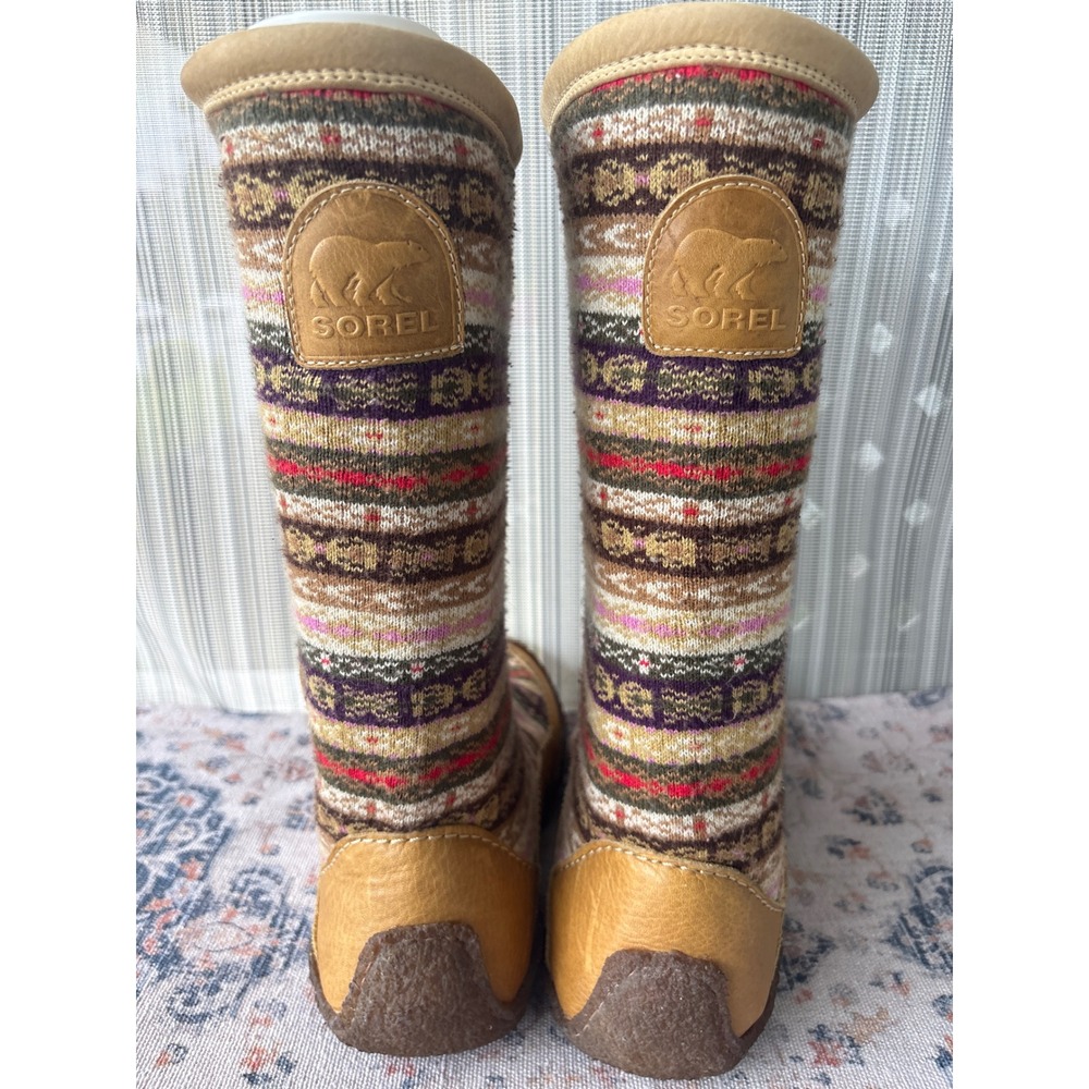 Sorel Norquay Sweater Fair Isle Knit Leather Boots Brown Purple Womens 10 - Picture 6 of 13